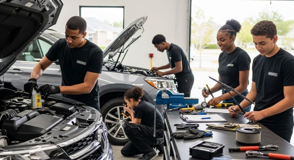 DIY car maintenance, car checklist, garage teamwork