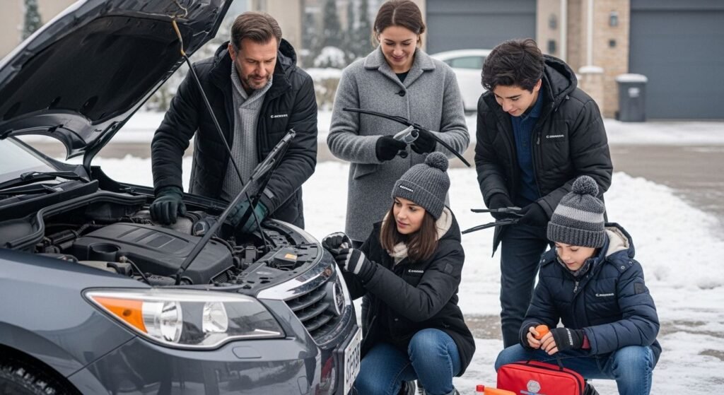 winter car care, family maintenance, snow driveway