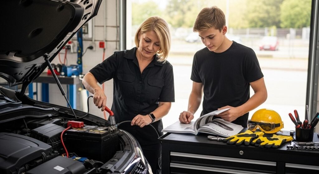 car battery maintenance, garage, family mechanic