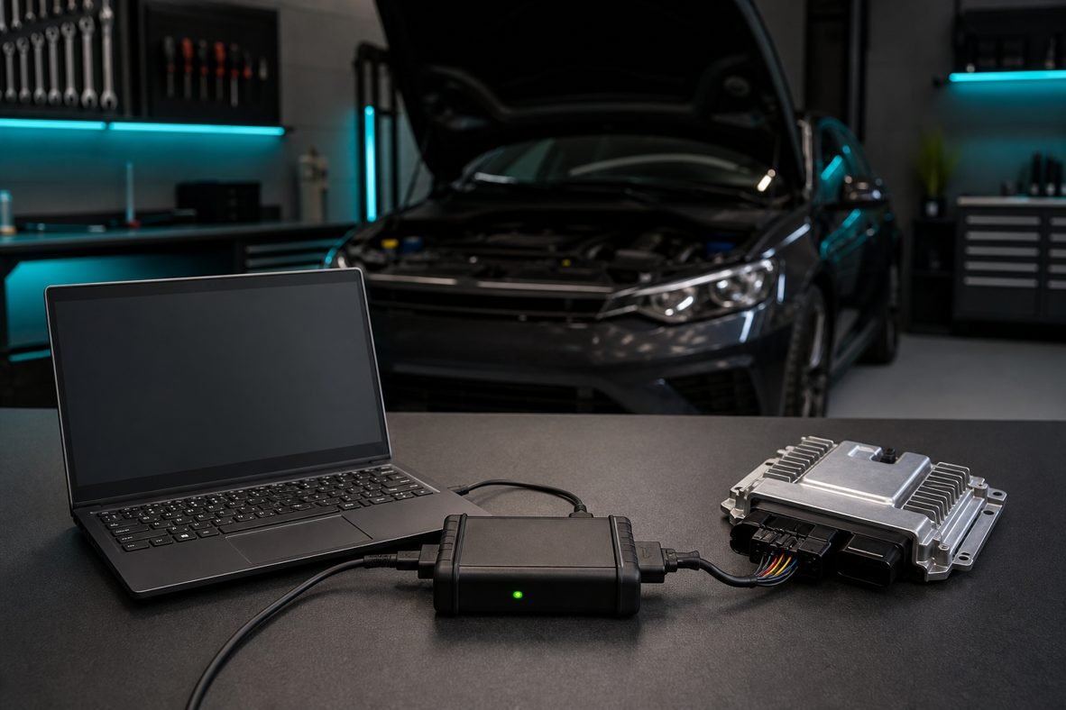 Alientech Kess3 EDC7 connected between a laptop and an ECU on the bench