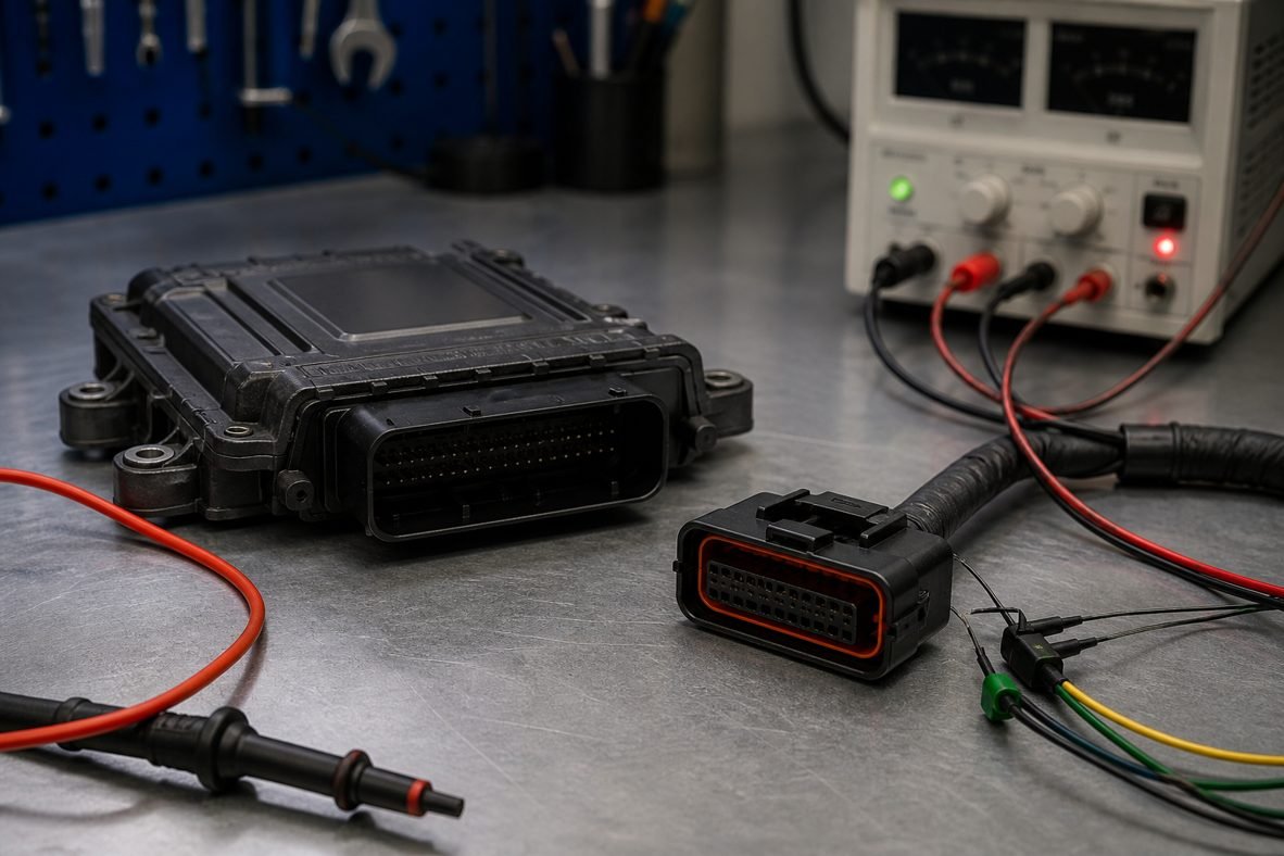 Reading a EDC16U1 ECU on the bench with a power supply and diagnostic loom