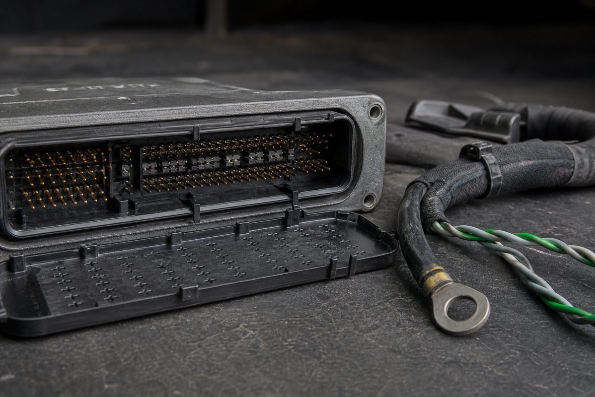 EDC16U1 ECU connector pins and bench wiring on a workshop table