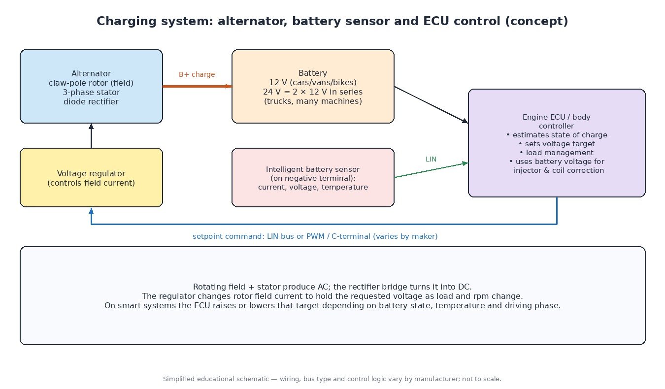 Diagram of a vehicle charging system: alternator with rotor, stator and rectifier, voltage regulator, battery, intelligent battery sensor and engine ECU sending a voltage setpoint over LIN or PWM