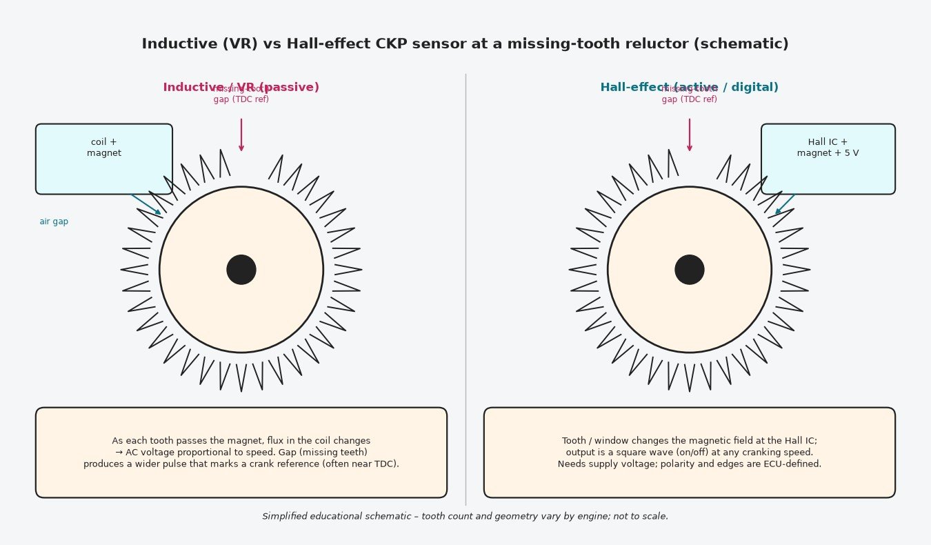 Schematic comparing an inductive (VR) crankshaft position sensor with a Hall-effect CKP sensor at a missing-tooth reluctor wheel, showing coil/magnet vs Hall IC and air gap