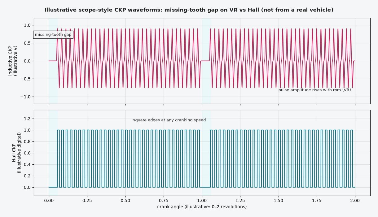 Illustrative oscilloscope-style waveforms of an inductive CKP signal with missing-tooth gap compared with a Hall-effect square-wave CKP over two crank revolutions