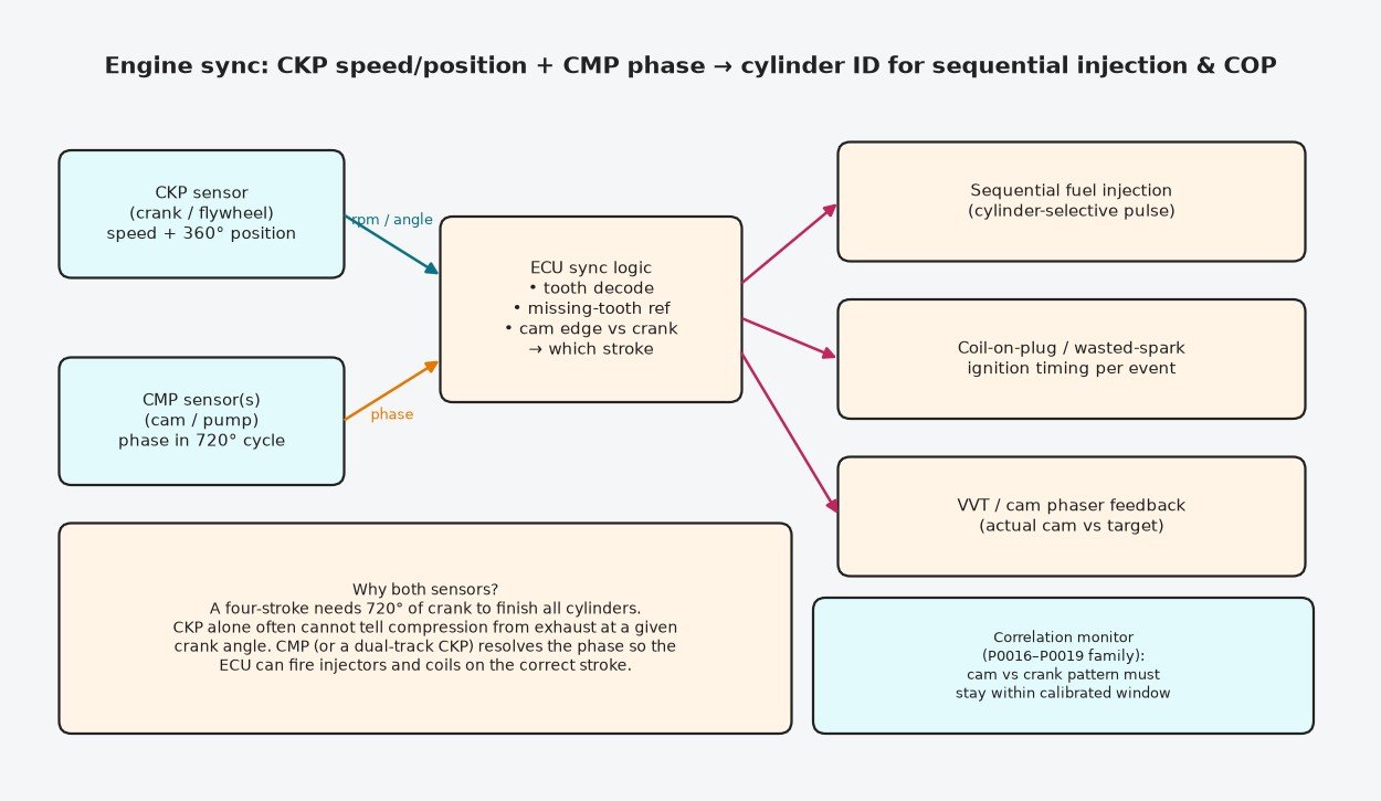 Block diagram of engine sync: CKP speed and position plus CMP phase into ECU sync logic for sequential injection, coil-on-plug ignition and VVT feedback, with crank/cam correlation monitor