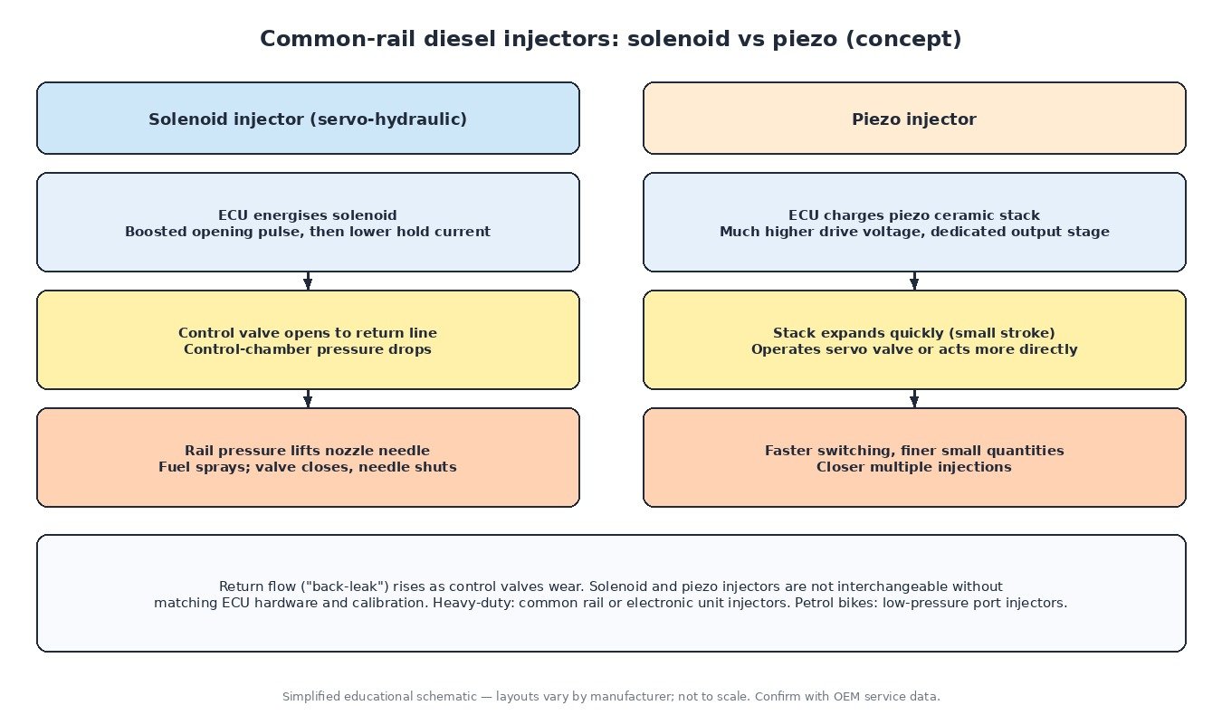 Educational diagram comparing solenoid servo-hydraulic and piezo common-rail diesel injectors