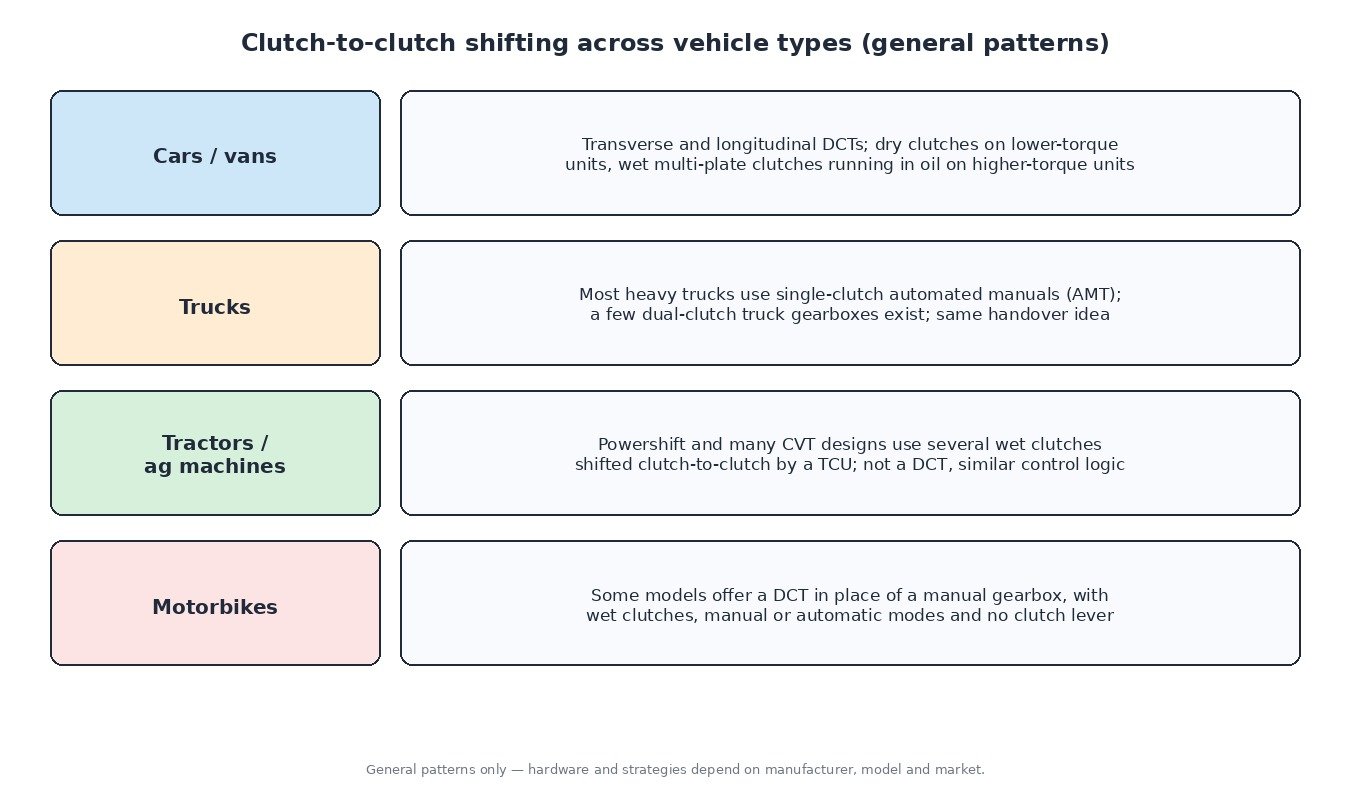 Chart comparing clutch-to-clutch shifting in cars and vans, trucks, tractors and agricultural machines, and motorbikes