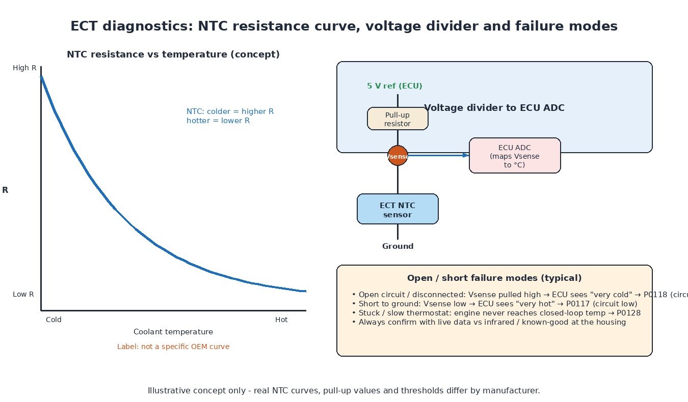 ECT diagnostics concept: NTC resistance versus temperature curve, voltage divider to ECU ADC, open and short failure modes