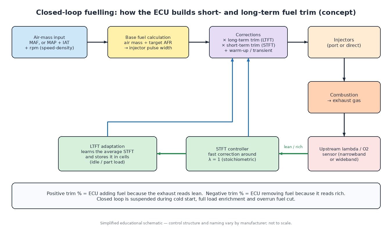 Diagram of closed-loop fuelling: air-mass input, base fuel calculation, long-term and short-term fuel trim corrections, injectors, combustion and upstream lambda sensor feeding the STFT controller and LTFT adaptation