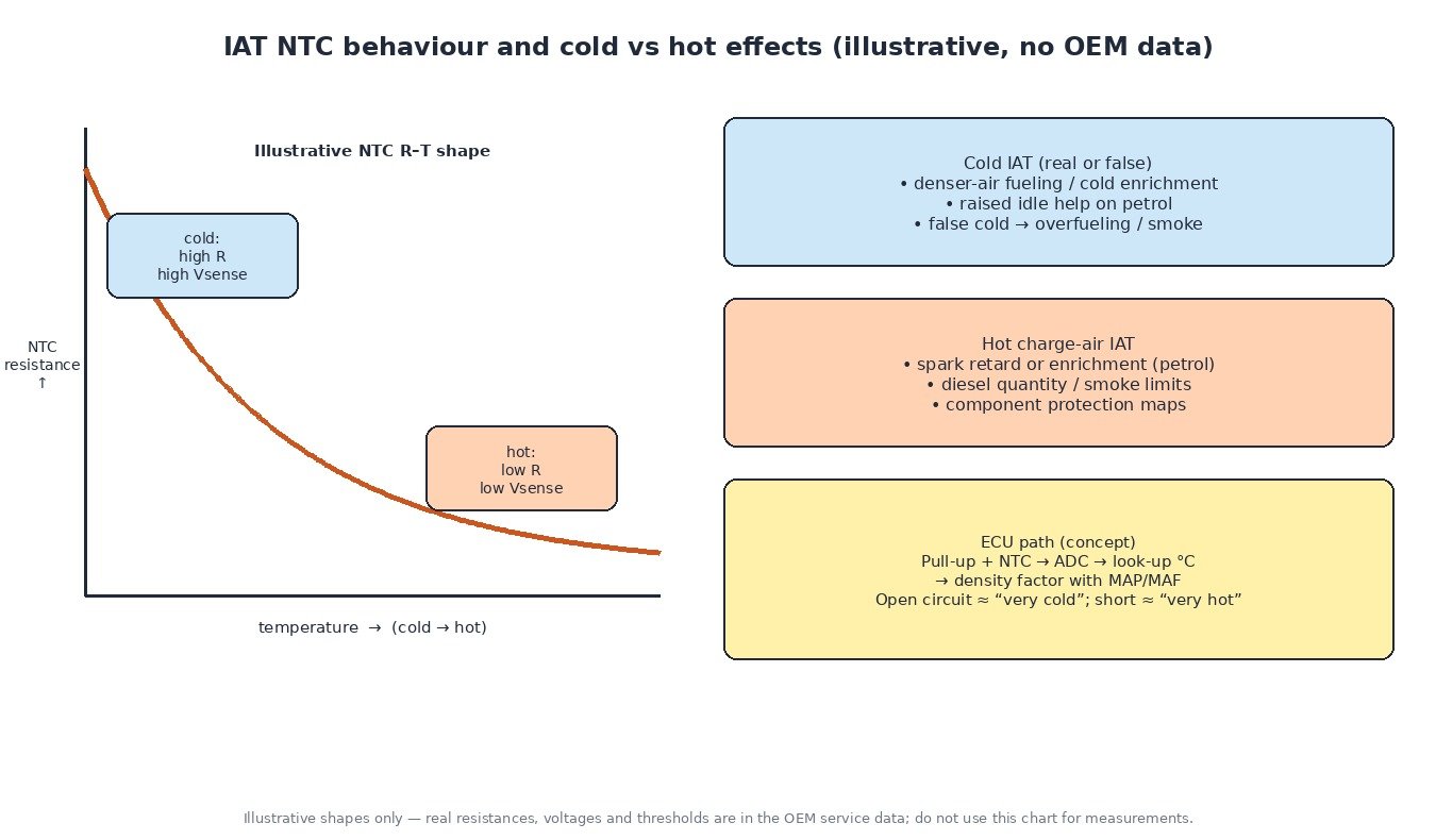 Illustrative NTC resistance-versus-temperature curve shape and cold versus hot IAT effects on enrichment and protection (no real OEM data)