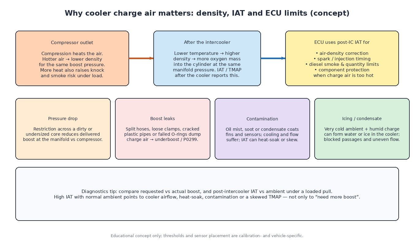 Schematic showing why cooler charge air raises density, how the ECU uses post-intercooler IAT for density correction, timing, smoke limits and protection, plus pressure drop, boost leaks, contamination and icing issues