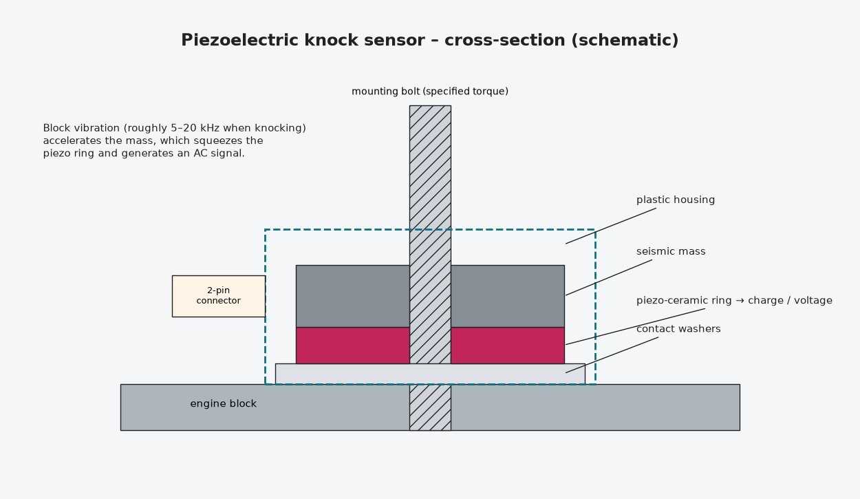 Cross-section diagram of a piezoelectric knock sensor with seismic mass, piezo ring and mounting bolt