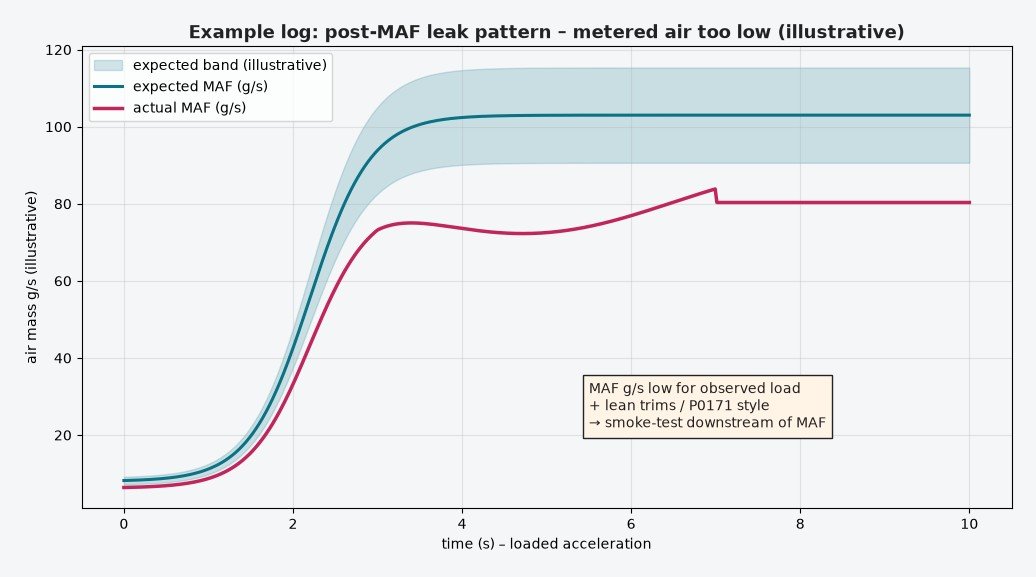 Example live-data style plot of MAF g/s during a pull with expected band and a fault pattern