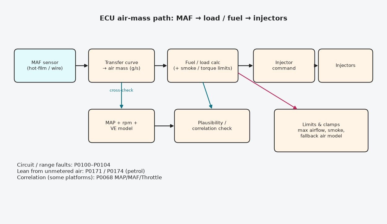 Block diagram of ECU air-mass path from MAF to fuel and load calculation with MAP cross-check and P0100–P0104 notes