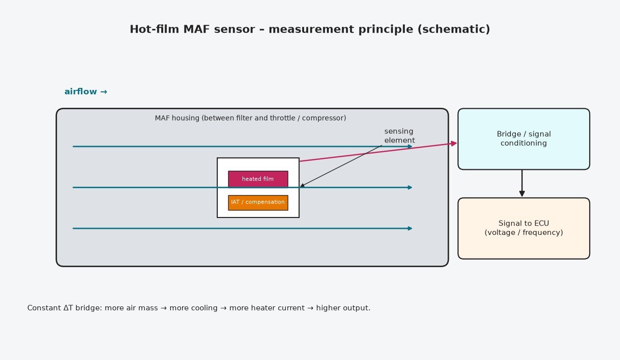 Schematic of a hot-film MAF sensor housing with sensing element, temperature compensation and signal to the ECU