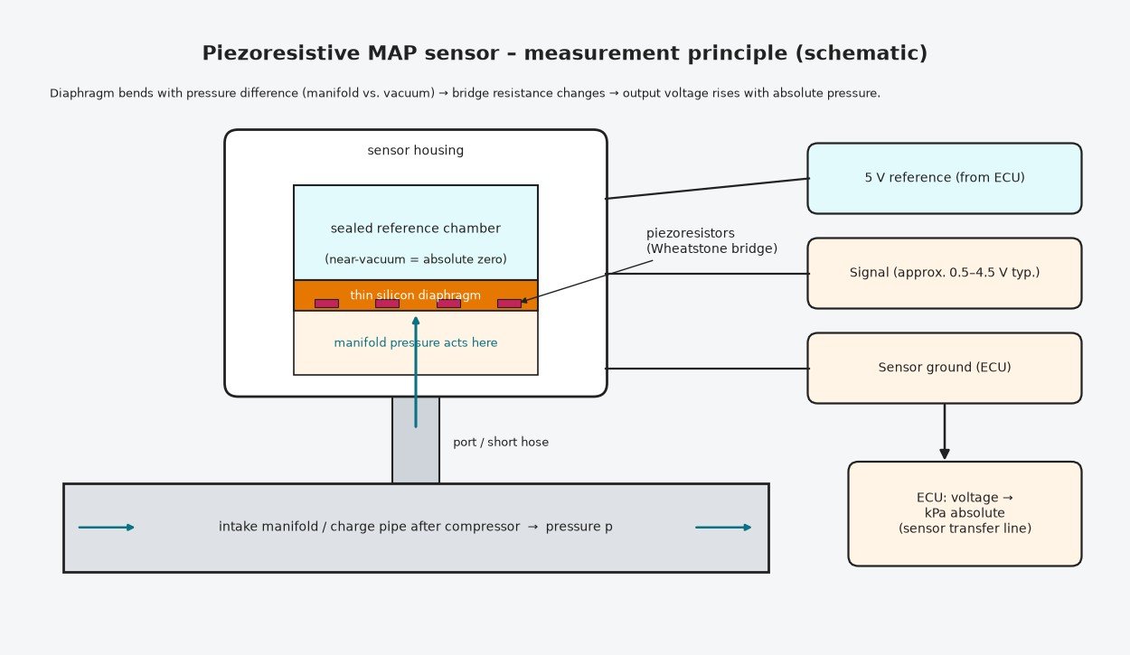 Schematic of a piezoresistive MAP sensor with silicon diaphragm, sealed vacuum reference chamber and 5 V reference, signal and ground wiring to the ECU