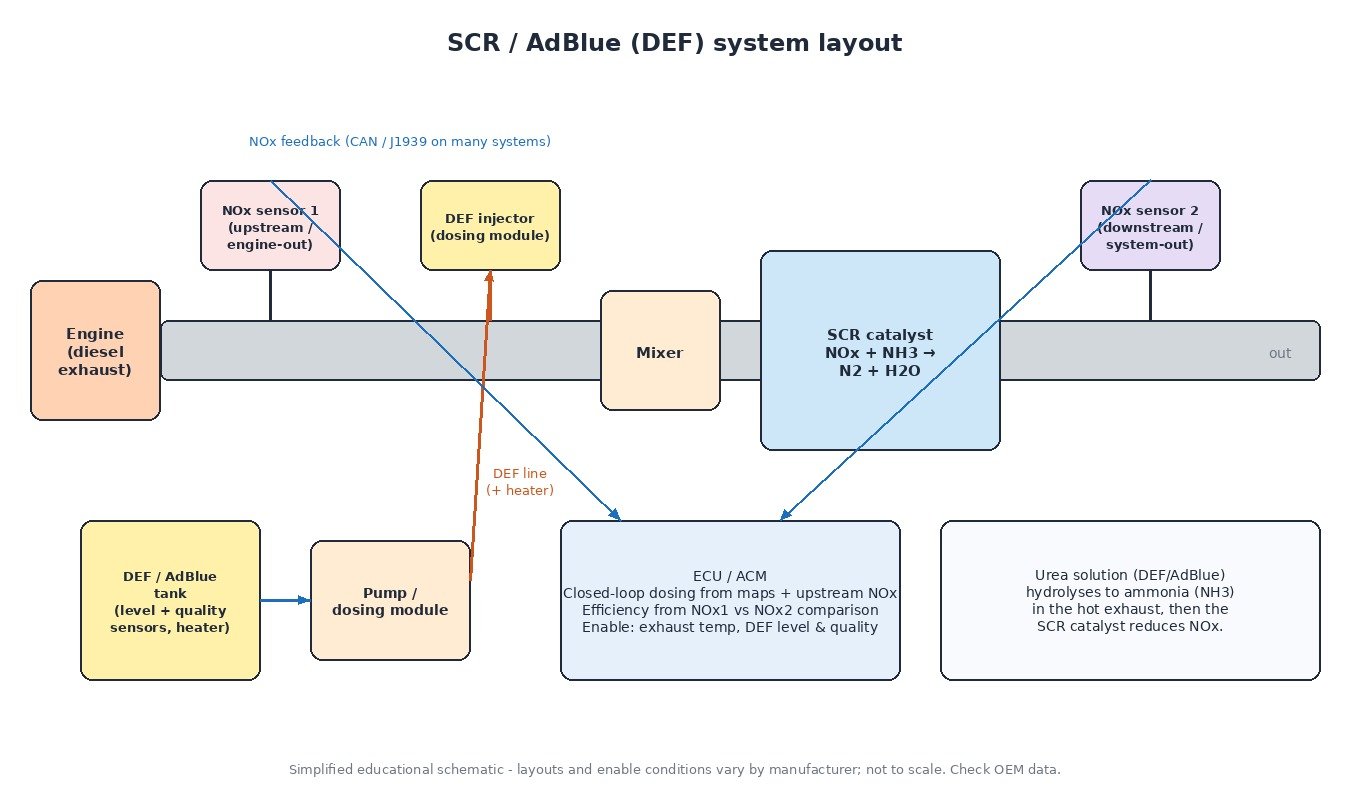 Educational schematic of an SCR AdBlue DEF system: DEF tank and pump, injector, mixer, SCR catalyst, upstream NOx sensor 1 and downstream NOx sensor 2