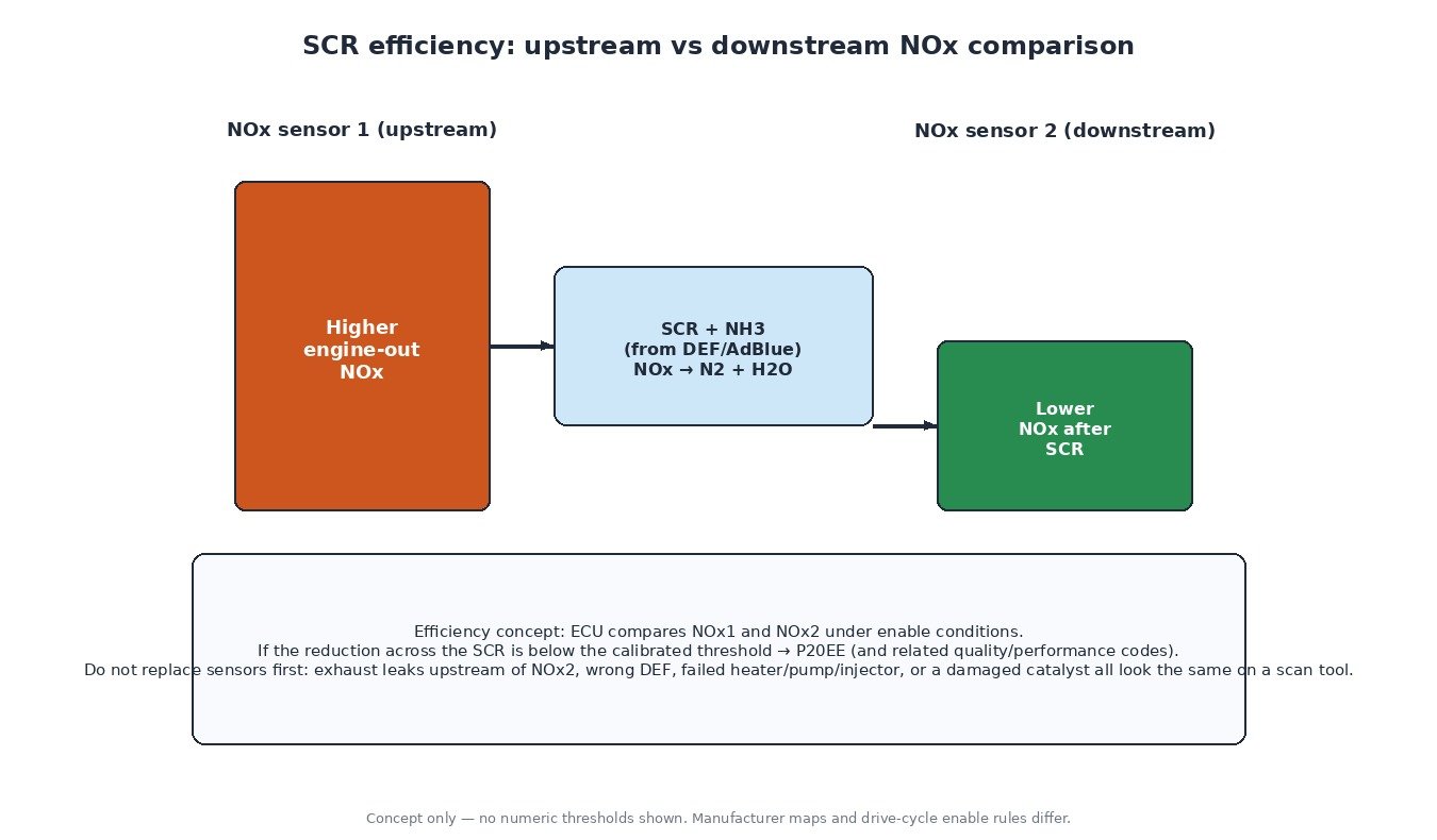 Concept diagram comparing higher upstream NOx with lower downstream NOx across the SCR catalyst to illustrate efficiency monitoring