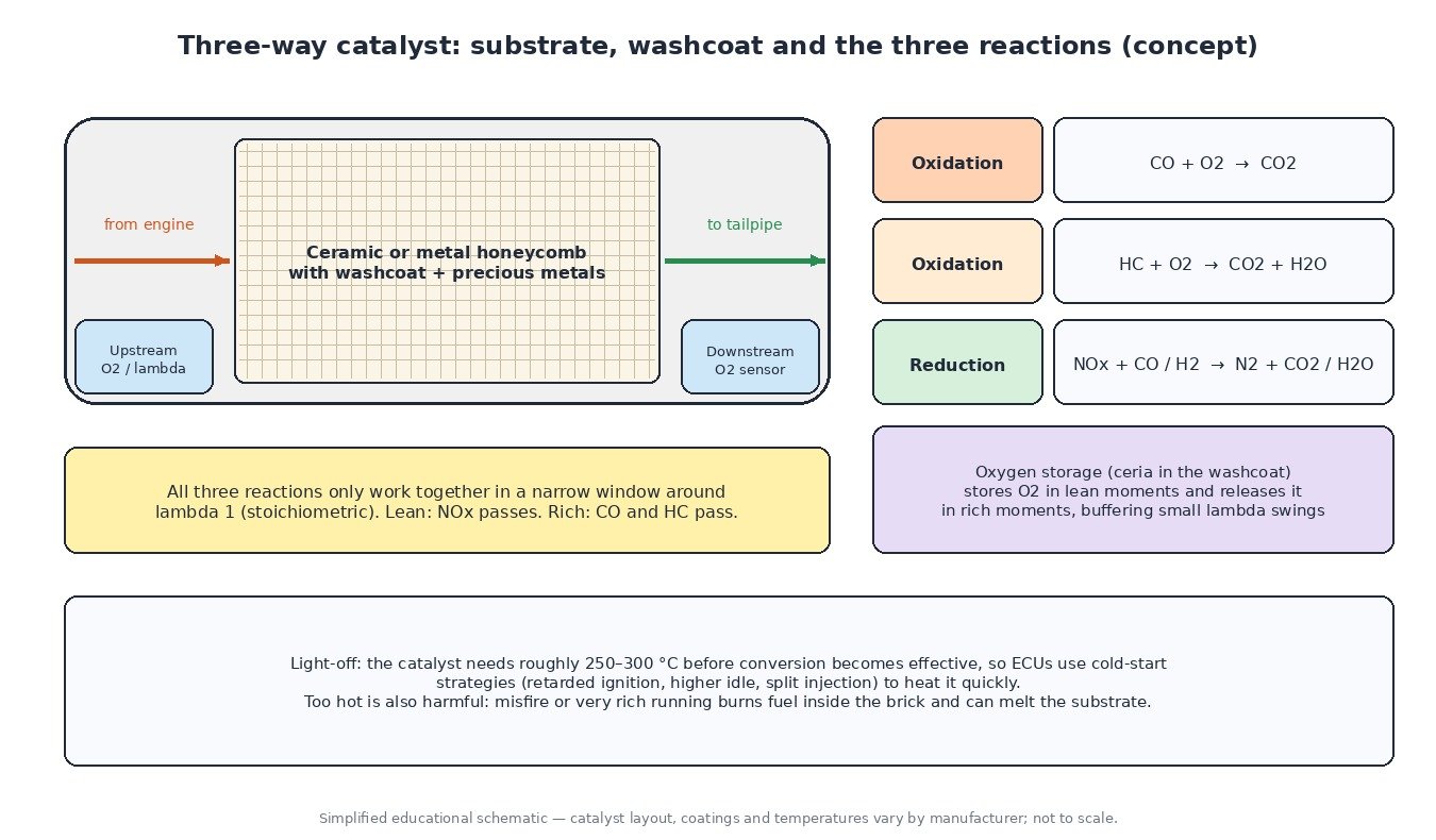 Diagram of a three-way catalytic converter: honeycomb substrate with washcoat and precious metals, upstream and downstream oxygen sensors, CO and HC oxidation and NOx reduction, oxygen storage, lambda 1 window and light-off temperature