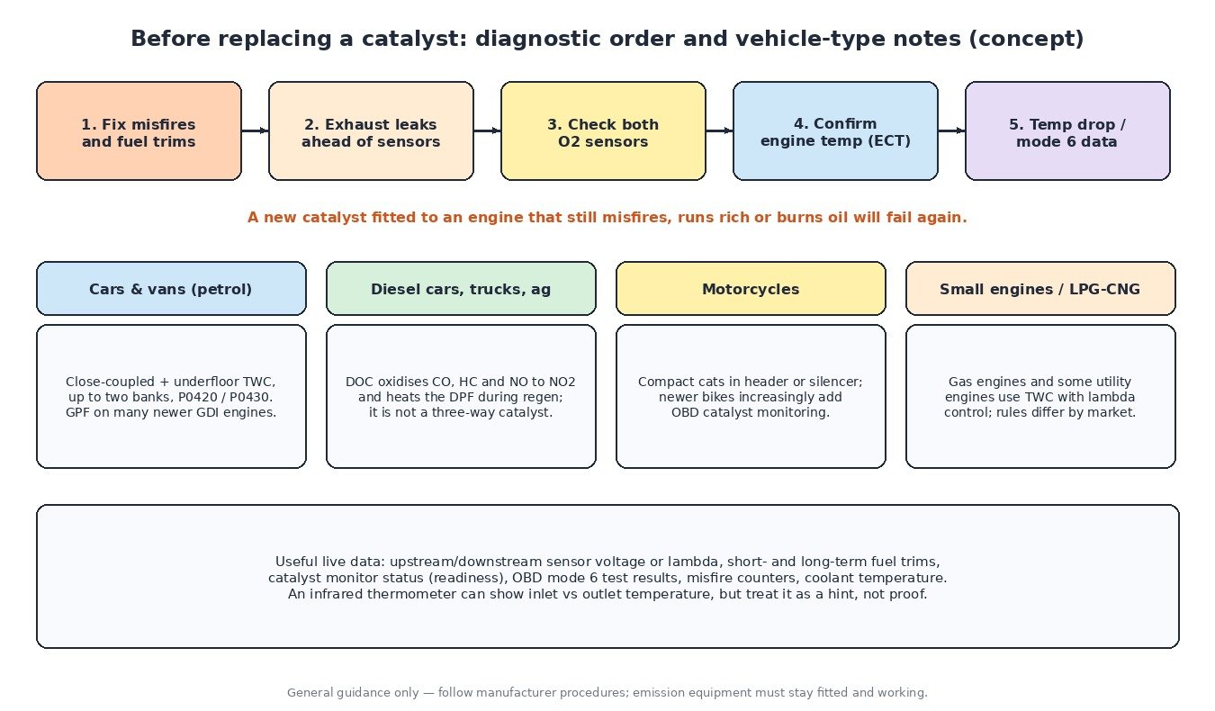 Catalyst diagnostic order (misfire and fuel trims, exhaust leaks, oxygen sensors, engine temperature, mode 6 data) with notes for petrol cars, diesel DOC on cars, trucks and tractors, motorcycles and gas engines