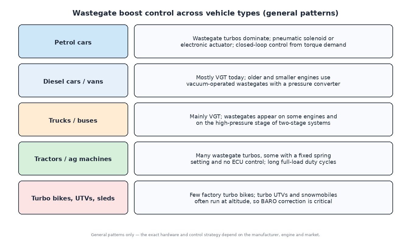 Chart comparing wastegate boost control on petrol cars, diesel cars and vans, trucks and buses, tractors and agricultural machines, and turbo motorbikes, UTVs and snowmobiles